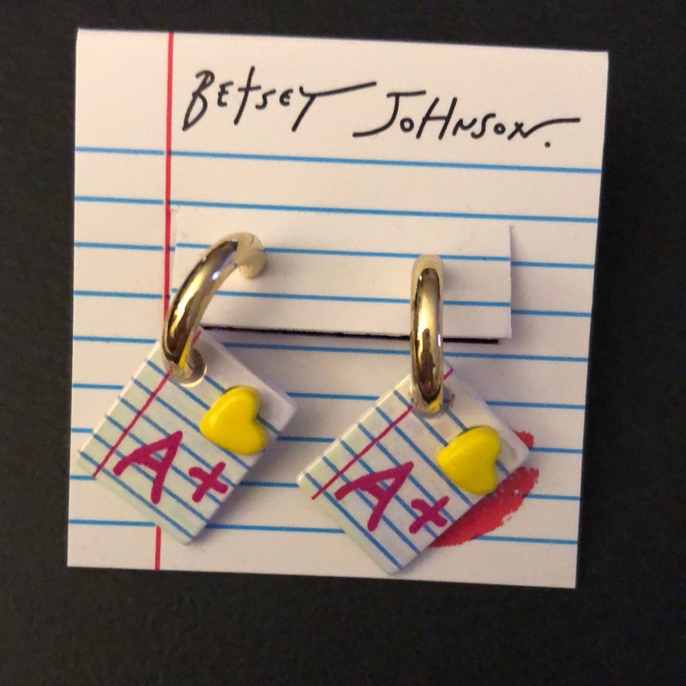 Betsey Johnson White Enamel A+ Homework & Yellow Heart Huggie Drop Earrings NWT
